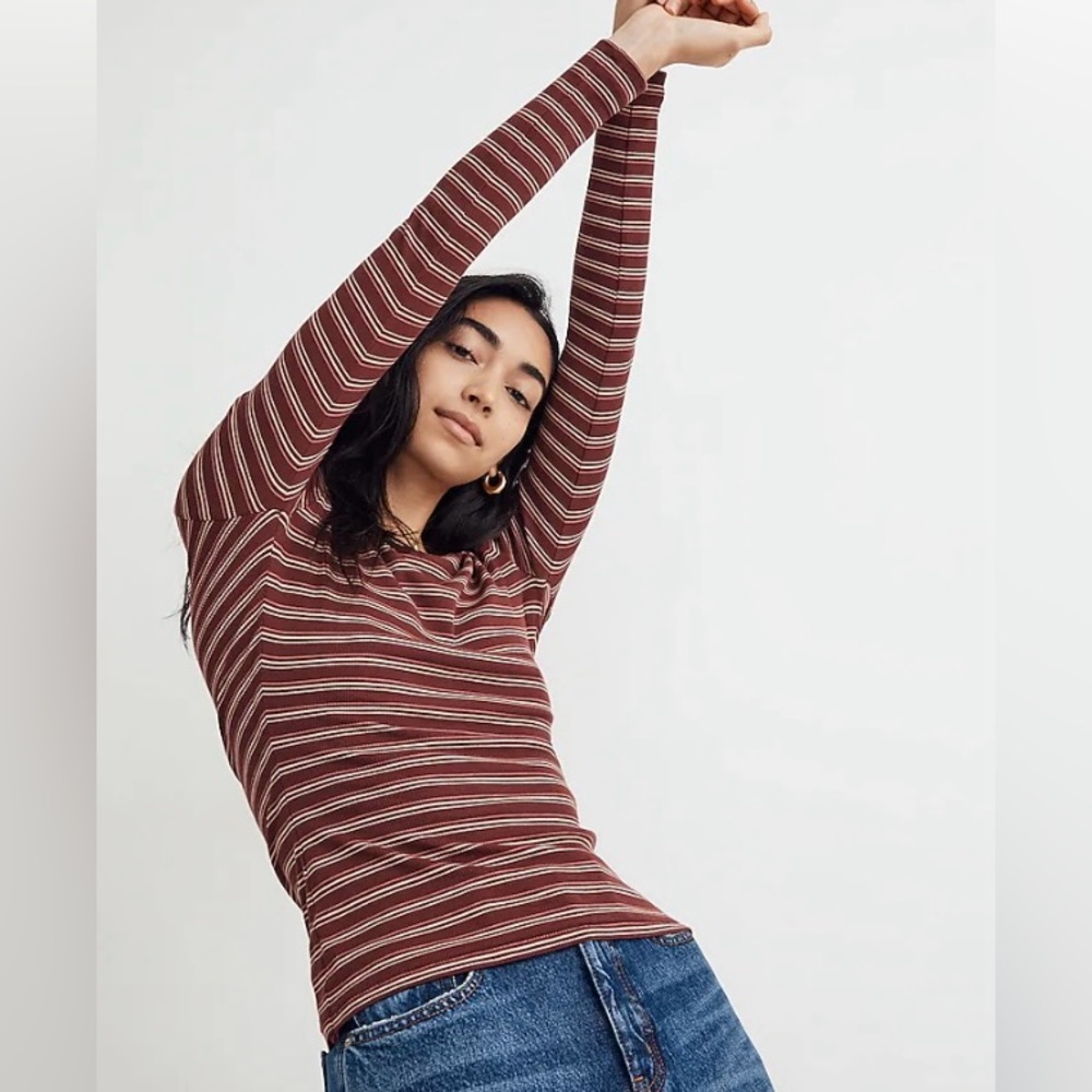 Madewell Fine Ribbed Crewneck Long-Sleeve Tee in Macey Stripe S